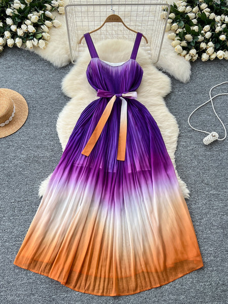 Gradient Hues Ombre Pleated Maxi Dress