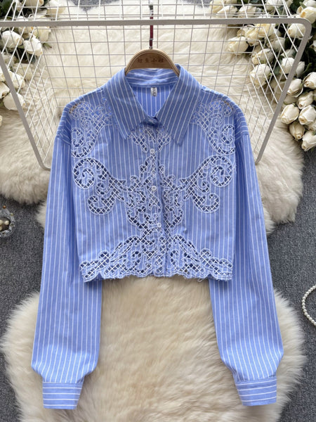 Periwinkle Pinstripe Embroidered Statement Blouse