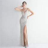 Green Sequin Evening Gown with High Slit