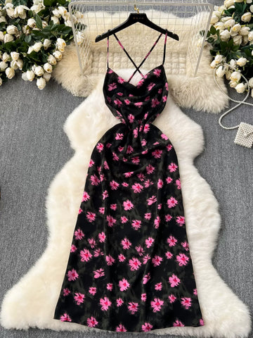 Pink Floral Accents Black Dress