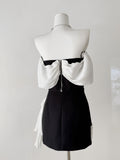 White Ruffled Overlay Strapless Black Mini Dress