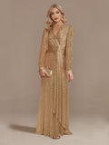 Navy V Neck Long Sleeve Waist Guest Prom Dress