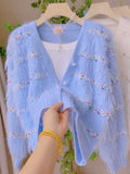 Colorful Bead Embellishments Light Blue Cardigan