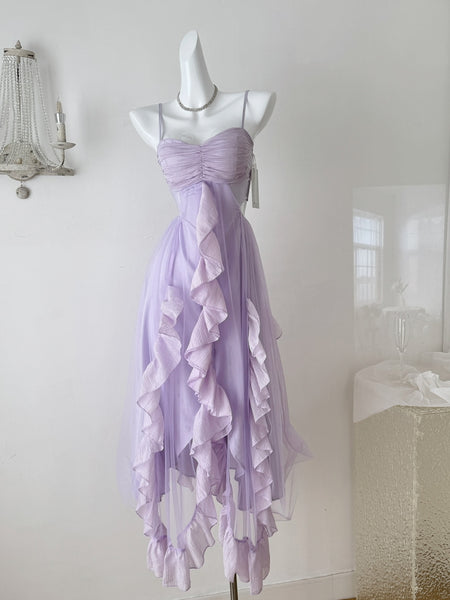 Asymmetric Ruffled Skirt Lilac Strappy Dress