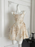 Square Neck Party Ready Gold Embroidered Linen Dress