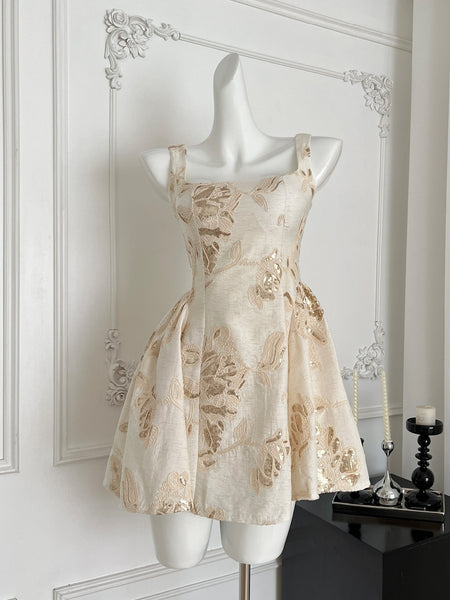 Square Neck Party Ready Gold Embroidered Linen Dress