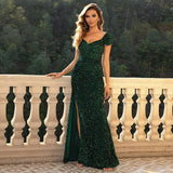 Red Off The Shoulder Sequin Party Dress With Slit