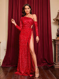 Red Sequin Lace Up Slit Party Dress