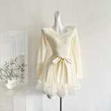 Cream Lace Trimmed Long Sleeve Balletcore Dress