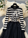 Floral Appliqués Tulle Skirt Striped Knit Dress