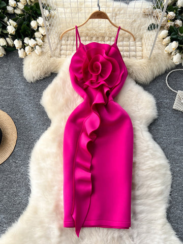 Dramatic Rosette Cascading Ruffle  Pink Dress