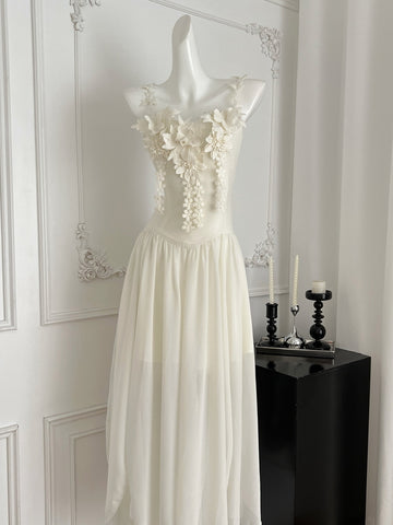 3D Floral Embellishments White Maxi Dress