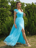 Blue Tulle Sleeve Party Dress