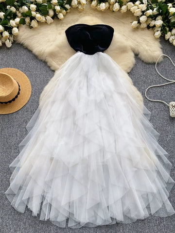 Strapless Black and White Layered Tulle Skirt Maxi Dress