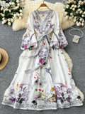 Adjustable Waist Puff Sleeves Lavender Wrap Dress