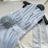 Elegant Light Blue Halter Neck Chiffon Midi Dress