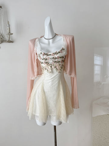 Delicate Pink Lace Trimmed Bolero Floral Dress