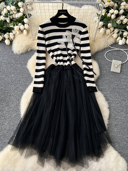 Floral Appliqués Tulle Skirt Striped Knit Dress