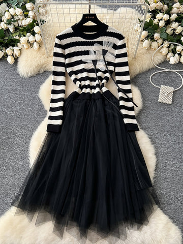 Floral Appliqués Tulle Skirt Striped Knit Dress
