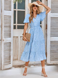 Elegant Blue Tiered Chiffon Midi Print Dress