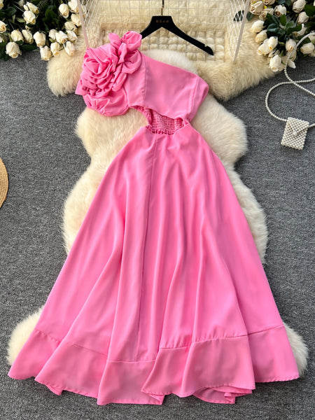 Floral Embellishment Flared Skirt Pink One-Shoulder Dress