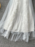 Elegant High Neck Ruffle White Flower Dress