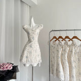 Beige Square Neck Floral Puff Sleeve Mini Dress