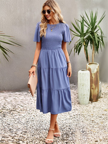 Blue Green Puff Sleeve Smocked Ruffle Tiered A Line Midi Dress