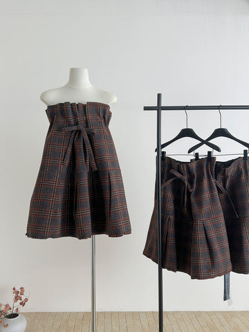 Retro Plaid Strapless Mini Dress with Self-Tie Bow