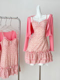 Ruffled Hem Cardigan Pink Floral Print Spaghetti Strap Mini Dress
