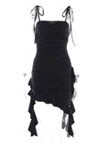 Black Slinky Ruffle Detail Midi Dress
