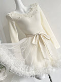 Cream Lace Trimmed Long Sleeve Balletcore Dress