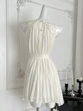 Lace Neckline & Belt White Pleated Dress