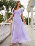 V Neck Short Purple Maxi Long Party Dress