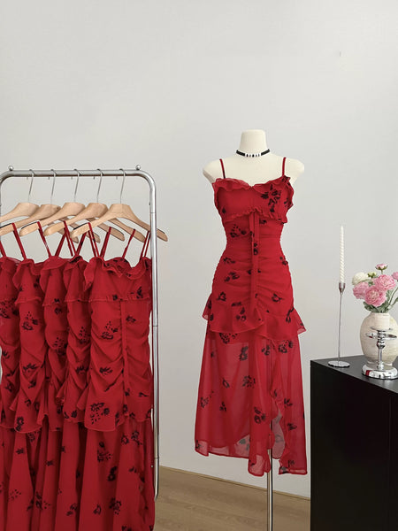 Black Floral Print Ruffle Red Maxi Dress