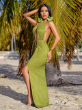 Plunging Neckline Cut-Out Green Maxi Dress