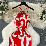 Eye-Catching White Geometric Red Maxi Dress