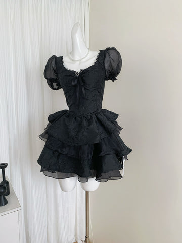 Puff Sleeves Gothic Inspired Black Mini Dress