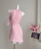 Side Bow Pink Gingham Halter Dress