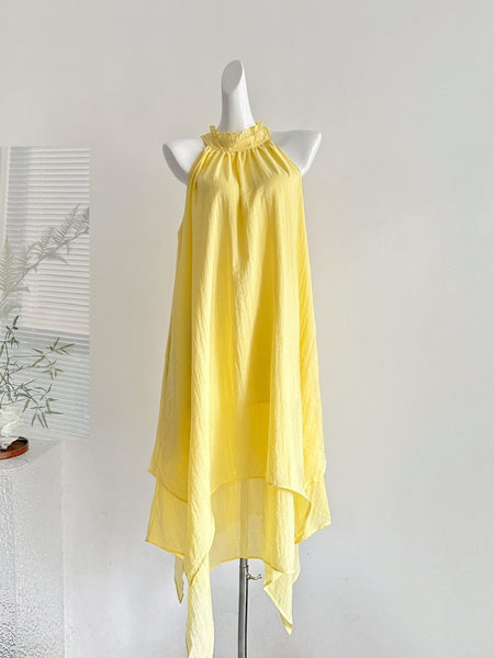 Sunny Yellow Halter Neck Asymmetric Tunic Dress