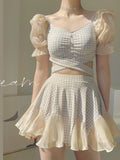 Ruffles Plaid Short Sleeves Swimwear Dress