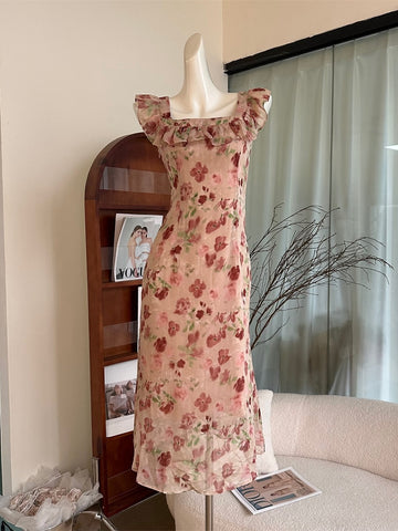Ruffled Neckline Long Floral Print Dress