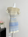 Aesthetic Gradient Chevron Knitted Short Sleeve Bodycon Mini Dress