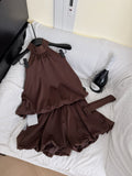 Halter Brown Romper Puff Belt Shorts