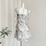 Elegant Blue Watercolor Print Summer Dress