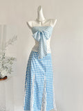 Chic Blue & White A Line Bow Front Skirt Set