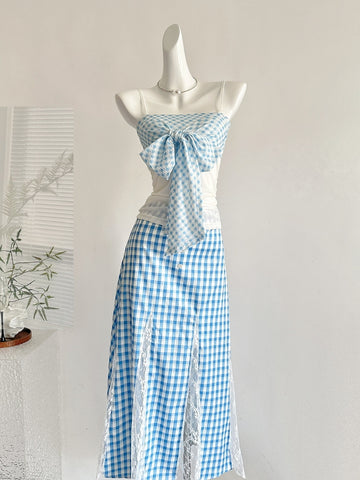Chic Blue & White A Line Bow Front Skirt Set