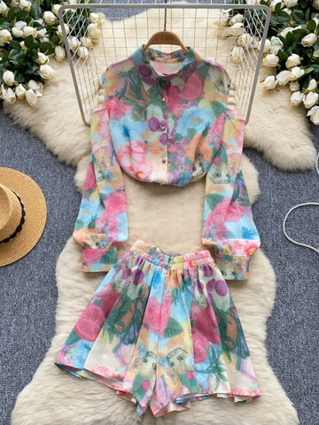 Floral Print Two-Piece Set Long Sleeve Top and Shorts