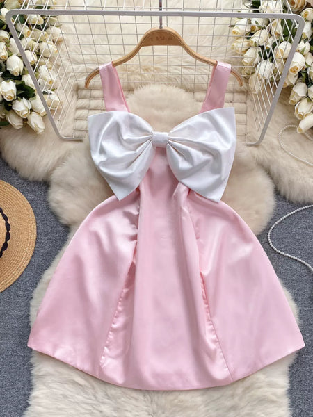 Chic Satin Bow Pink Mini Dress