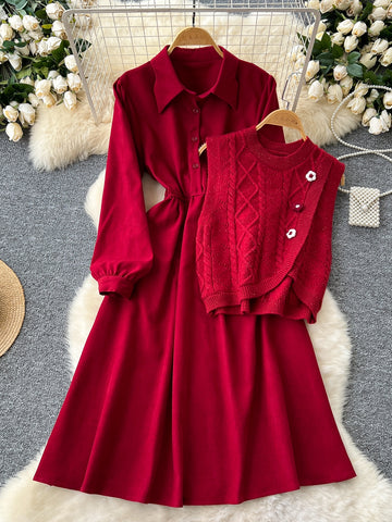 Knit Vest Overlay Red Button-Down Layered Dress